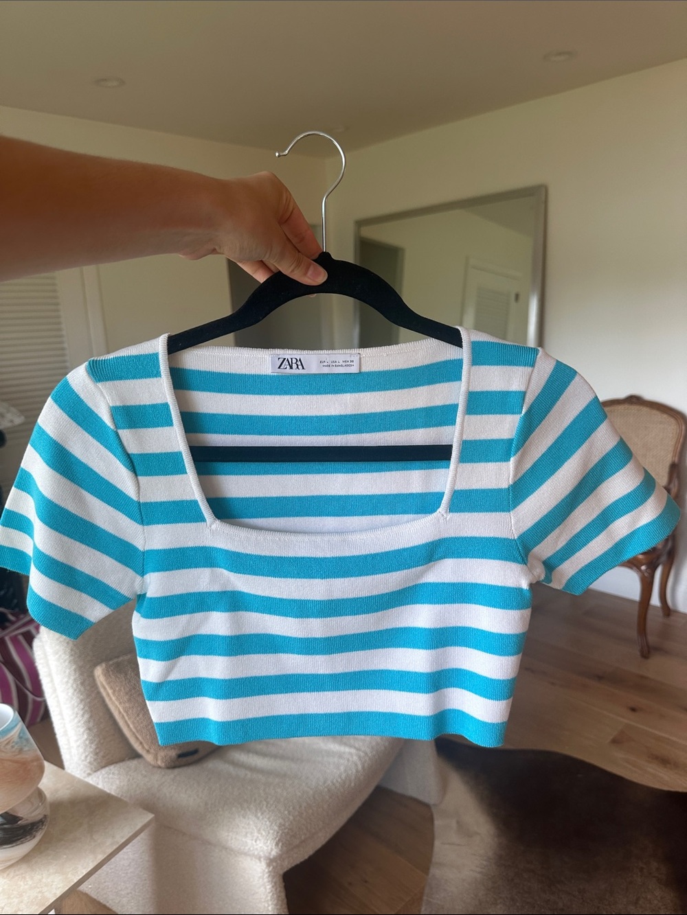 Zara Striped Crop Top Turquoise White Sz L (Fits S/M) - Square Neck